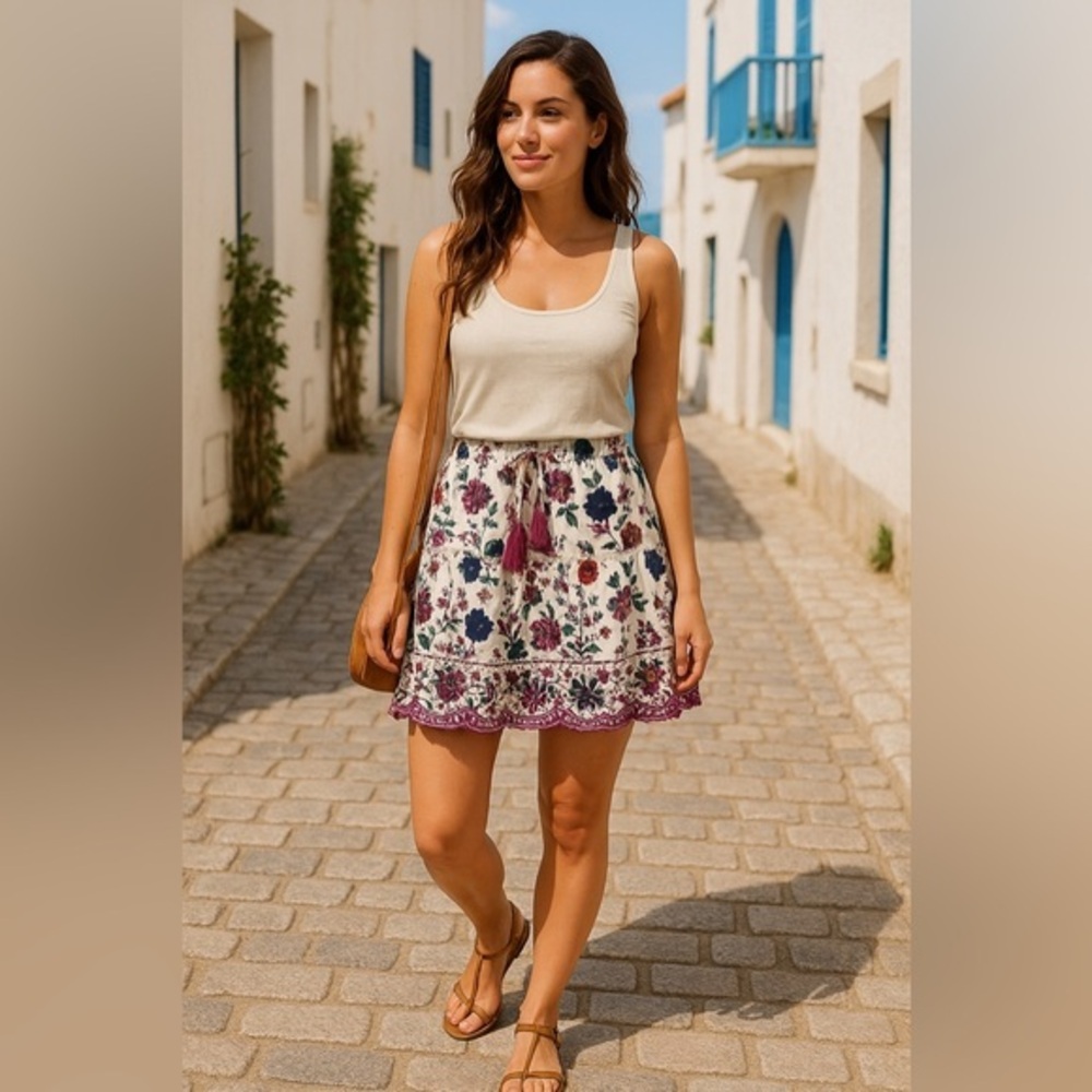 RAGA Purple Rose Floral Boho Embroidered Drawstring Tassel Skirt NWT S #2417